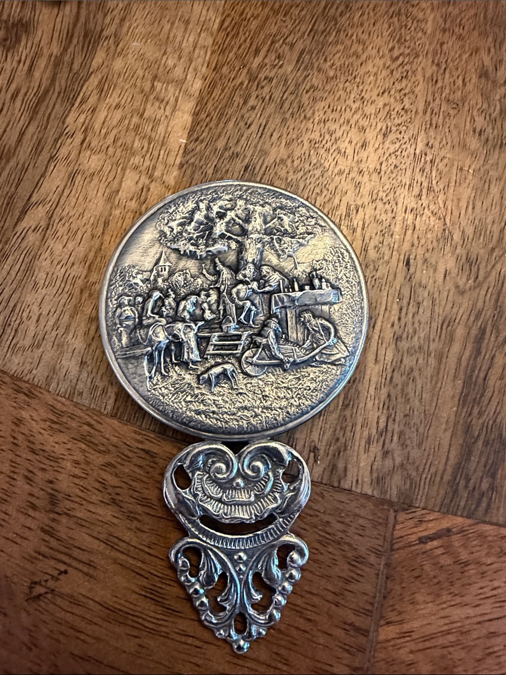 Vintage Wallace Sterling Pocket Ornate Silver-Tone Mirror with Embossed Scene